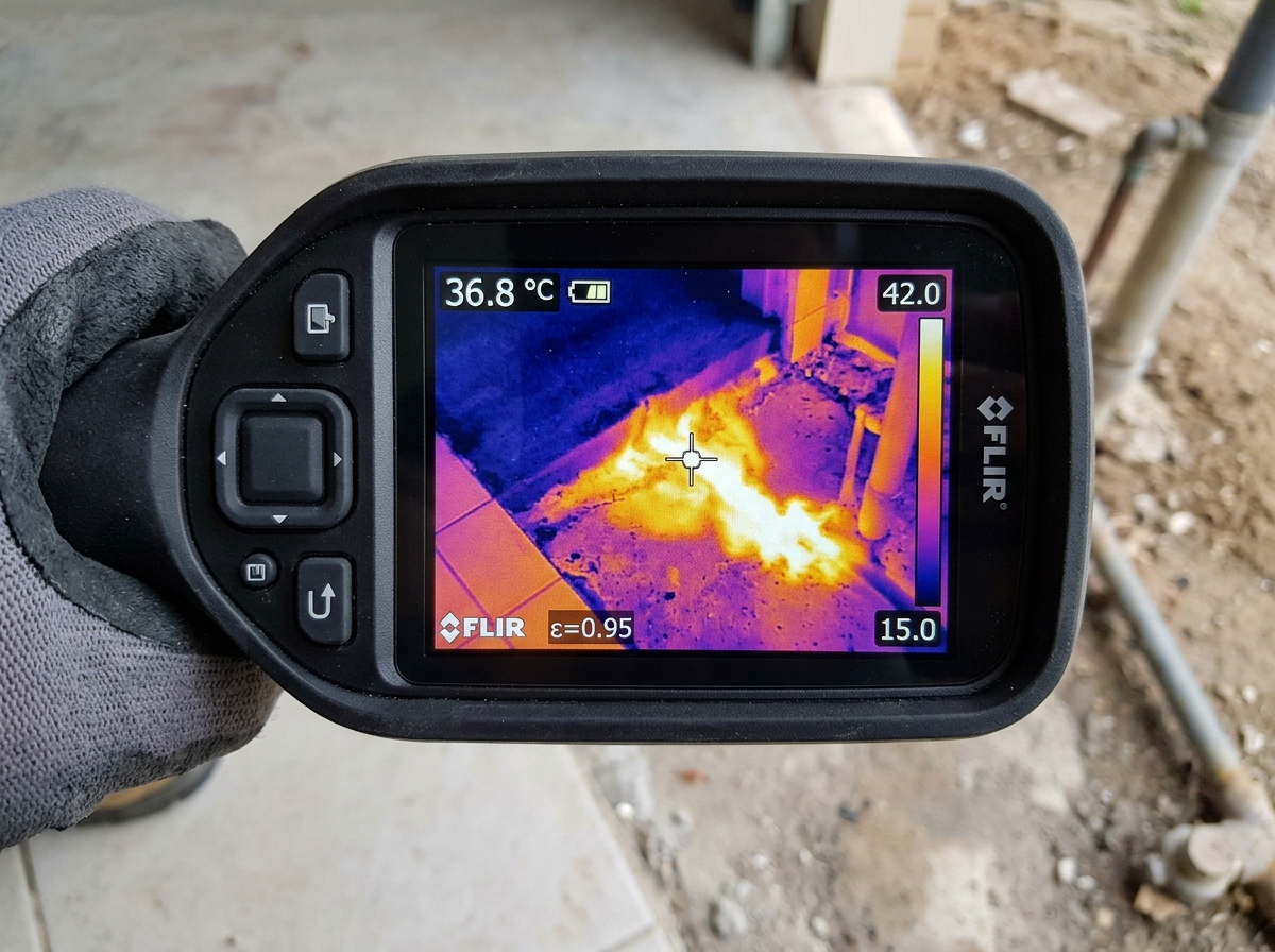Thermal imaging of hot water slab leak Petaluma warm floor spot