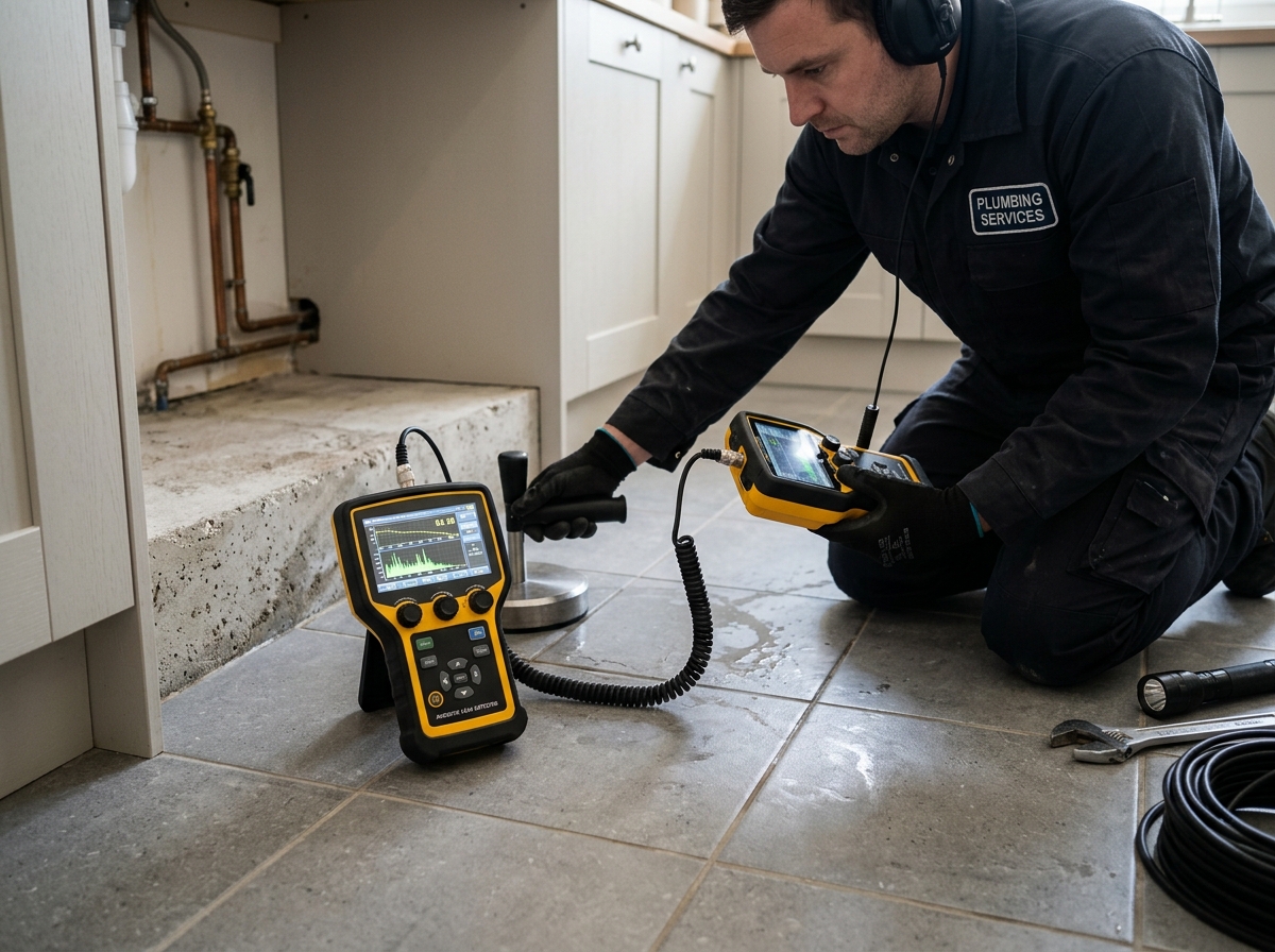 Acoustic slab leak detection Petaluma listening disc placed on slab floor